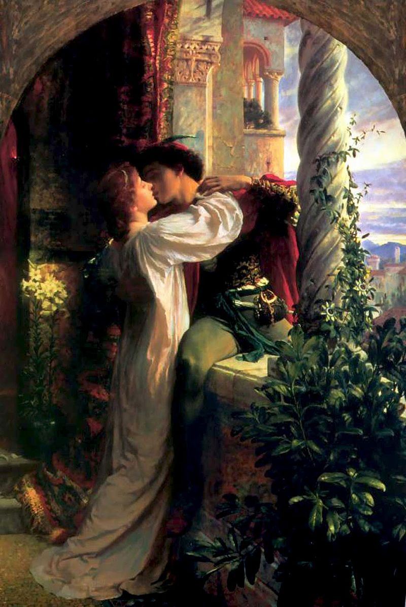 Reprezentarea scenei celebre din balcon cu Romeo si Julieta, pictura de Frank Dicksee, Wikipedia.